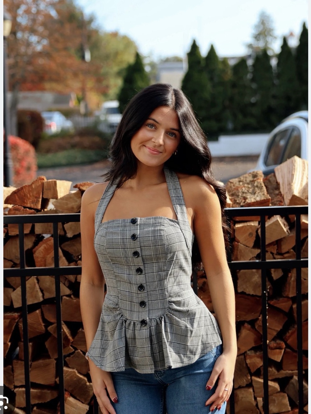 Free people Plaid Button-Front Brown Halter top